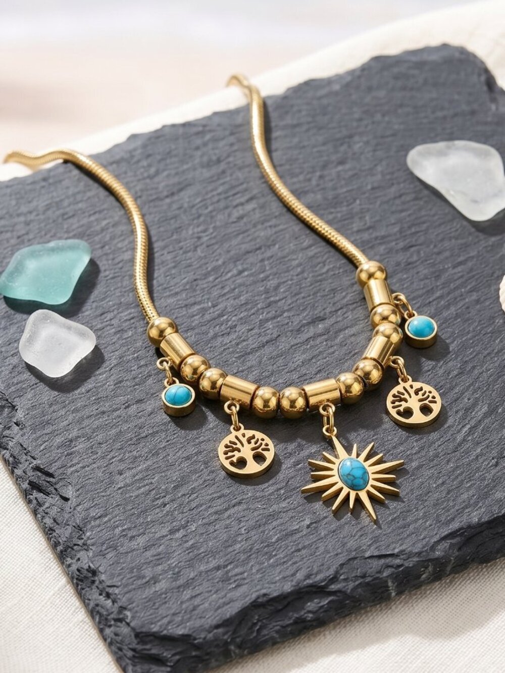 18k Gold Plated SS Tree of Life Sun Charm Turquoise Bead Necklace 15.5"